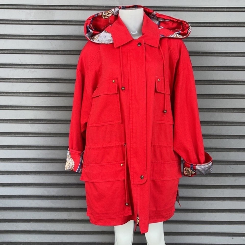 Vintage Anne Klein II Red Cotton Cargo Parka Hooded Jacket Scarf Print Lining M
